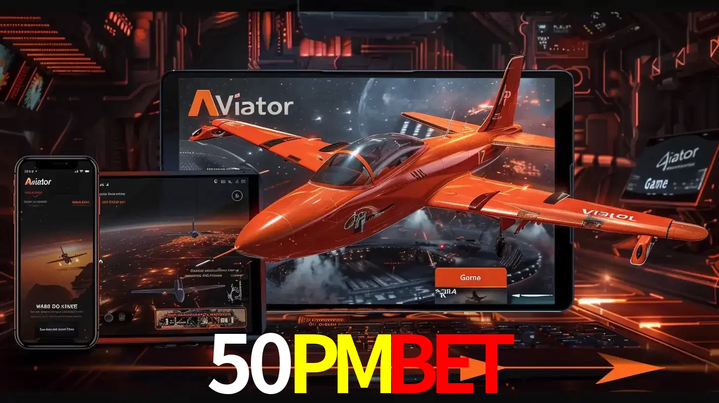 Apresentação tecnológica do jogo Aviator com um avião saindo da tela de um tablet, demonstrando a experiência imersiva em múltiplos dispositivos no 50PMBET.