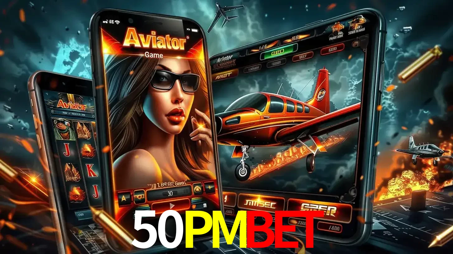 O popular jogo de apostas Aviator exibido em vários celulares e tablets, mostrando a interface emocionante e a ação de voo disponíveis para jogar agora no 50PMBET.