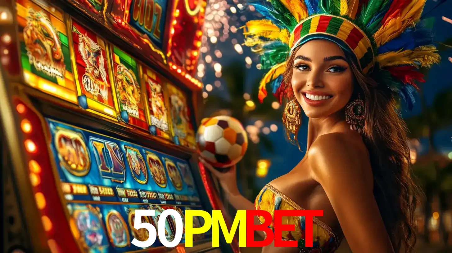 Mulher com um cocar de carnaval ao lado de uma máquina de caça-níqueis enquanto segura uma bola de futebol, mostrando a união da diversão de cassino e esportes no 50PMBET.