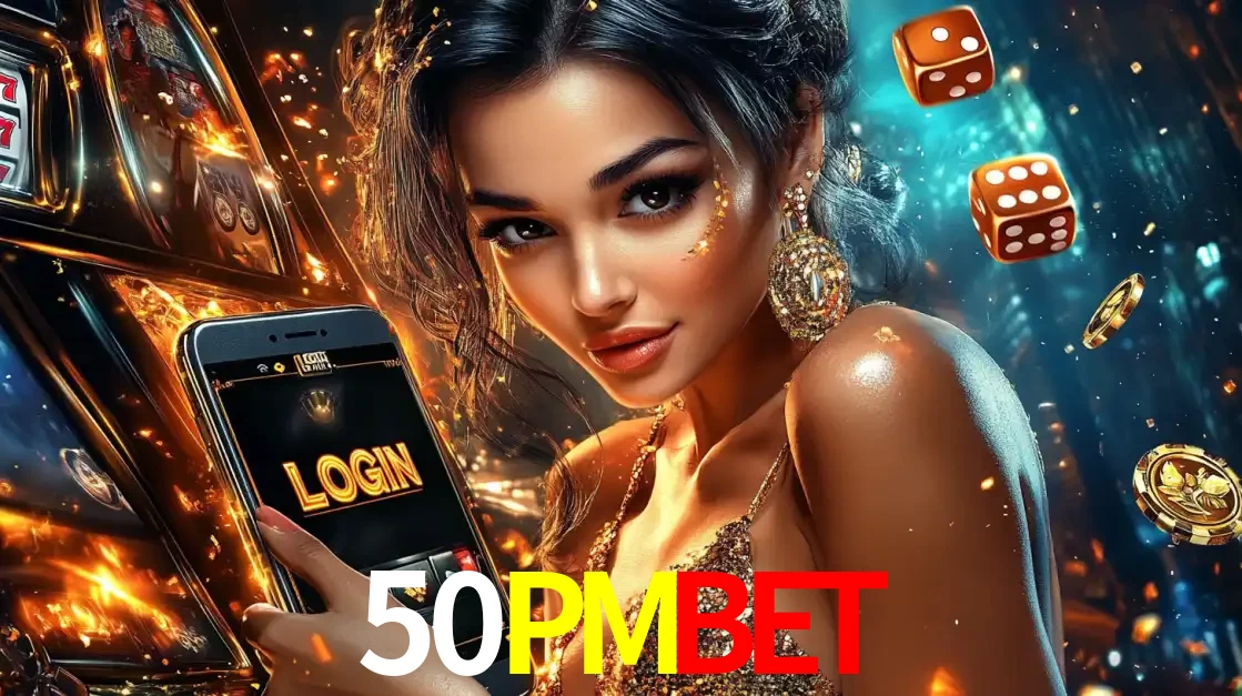 Mulher glamourosa segurando um celular com a tela de login do cassino 50PMBET, rodeada por dados e moedas douradas, pronta para começar a diversão.