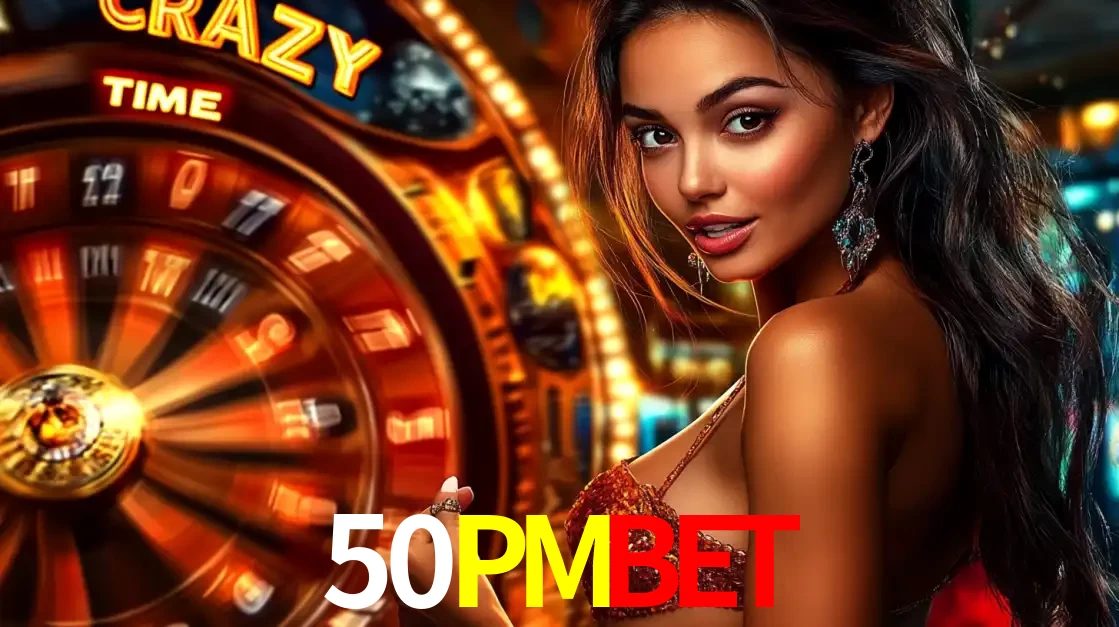 Mulher ao lado da roda de prêmios do jogo de cassino ao vivo Crazy Time, um dos shows de jogos mais emocionantes oferecidos pela plataforma de apostas 50PMBET.