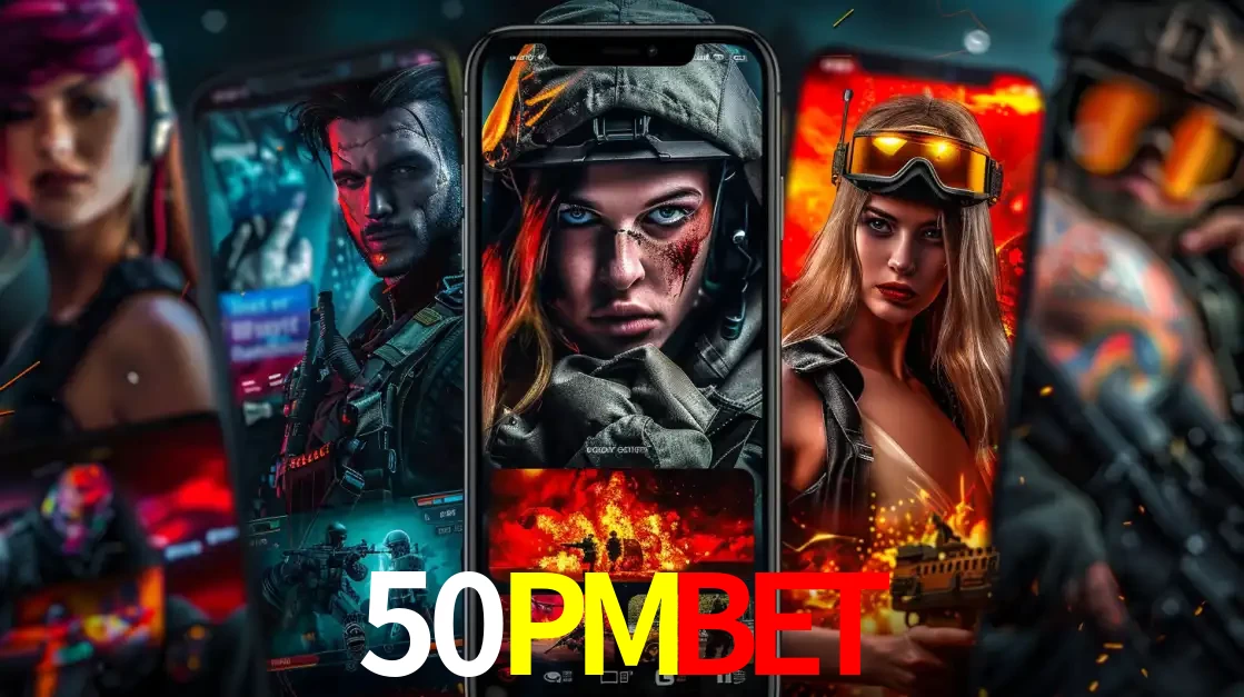 Montagem de telas de celular mostrando diversos personagens, masculinos e femininos, de um jogo de tiro, ilustrando a diversidade de equipes de e-sports para apostar no 50PMBET.