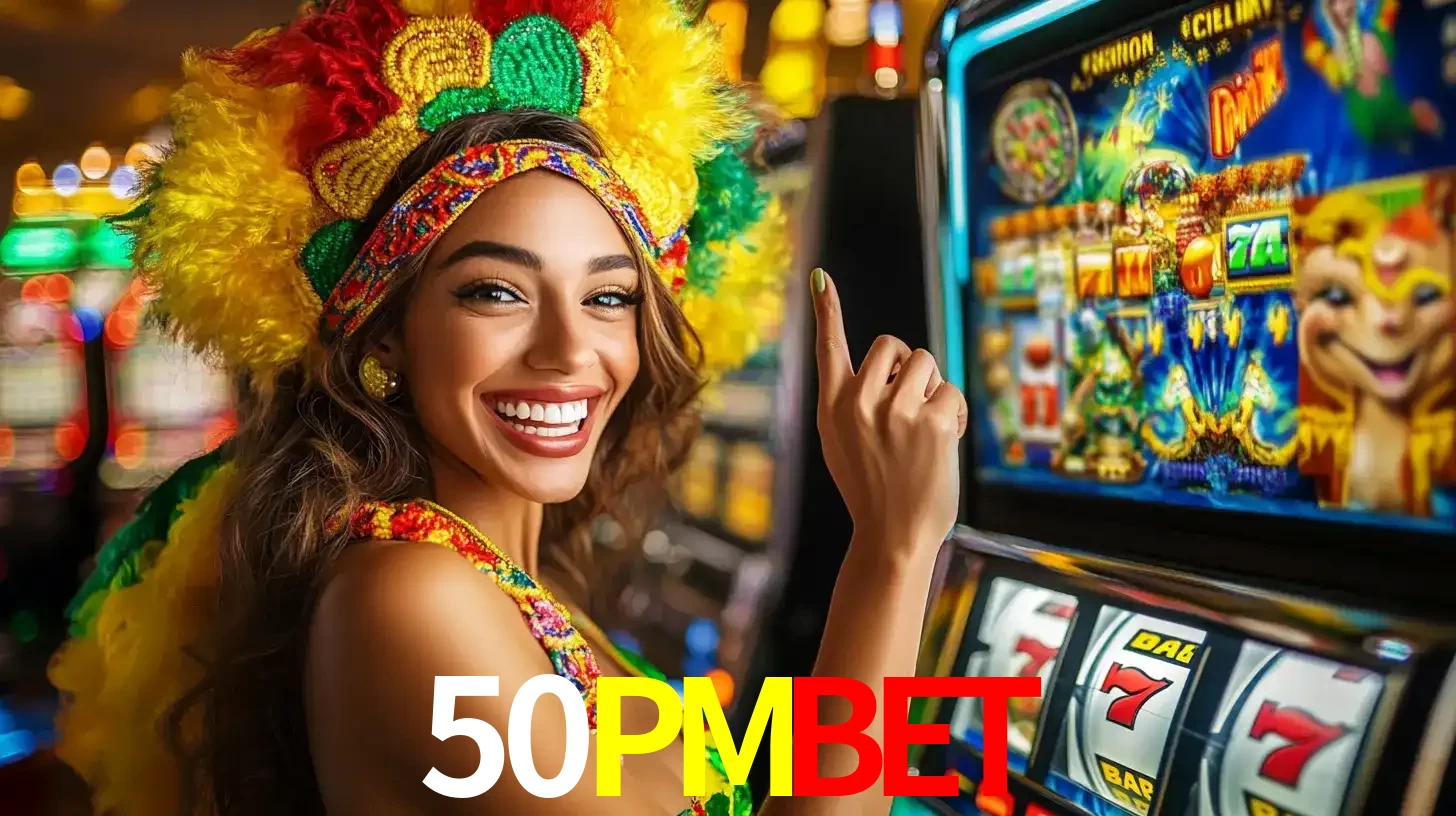 Mulher animada com um cocar de carnaval apontando para uma máquina de caça-níqueis, mostrando a emoção de ganhar um grande prêmio nos jogos do 50PMBET.