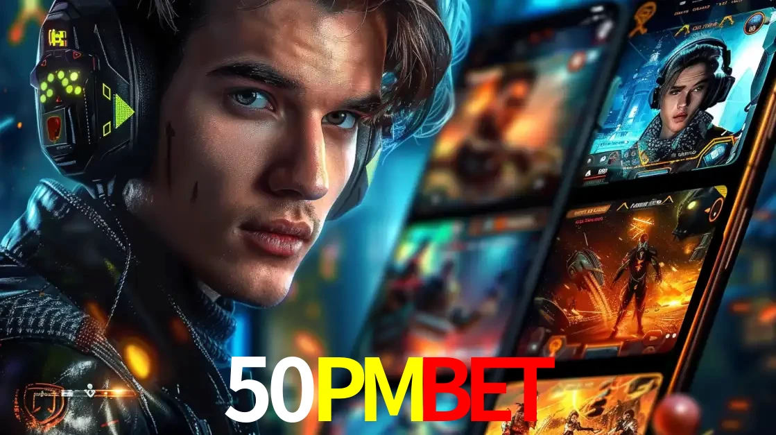 Jovem jogador com fones de ouvido olhando para a câmera, com um aplicativo de jogos e e-sports para celular ao fundo, pronto para a competição e apostas no 50PMBET.