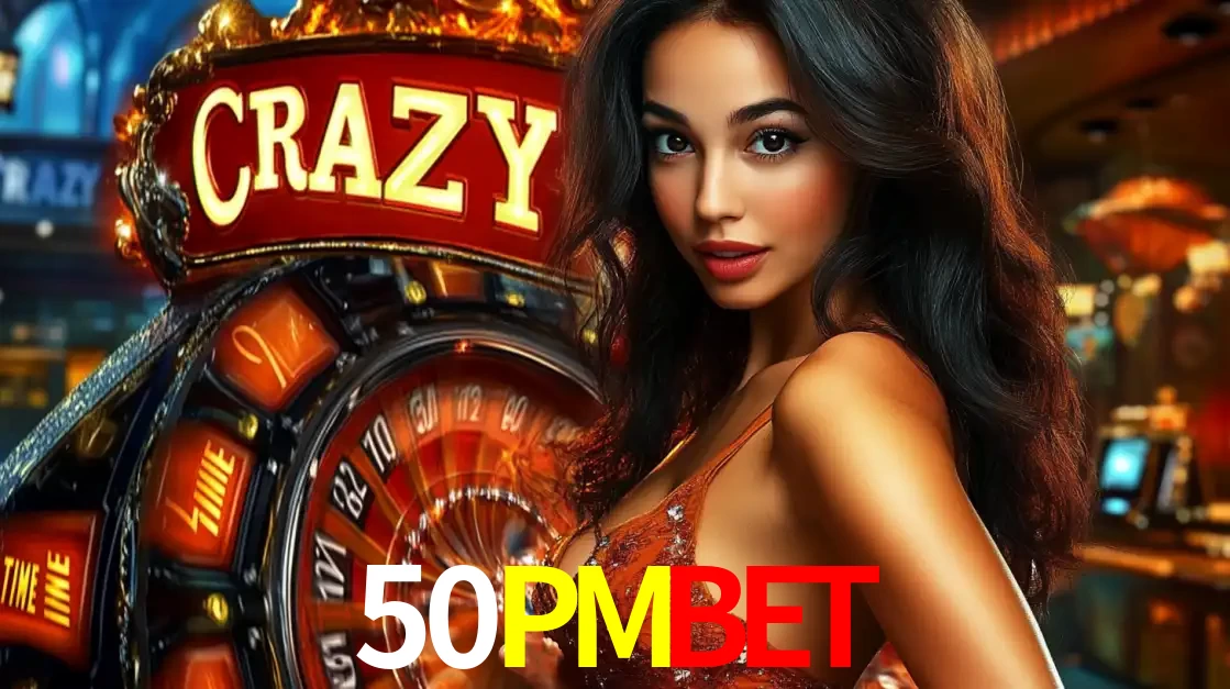 Mulher glamourosa olhando para a câmera com a roda vermelha do Crazy Time ao fundo em um ambiente de cassino, destacando a emoção dos jogos ao vivo no 50PMBET.
