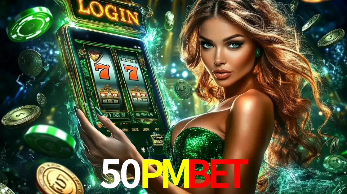 Mulher com tema verde apresentando o aplicativo do cassino 50PMBET com um jogo de slot de 777, cercada por fichas de cassino e uma aura de sorte.