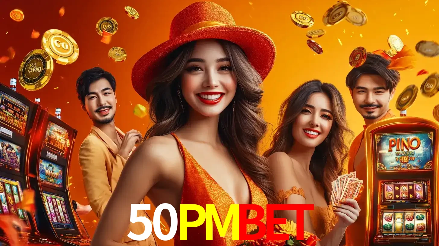 Grupo de amigos asiáticos sorrindo e se divertindo com máquinas de caça-níqueis em um ambiente festivo, celebrando suas vitórias nos jogos de cassino do 50PMBET.