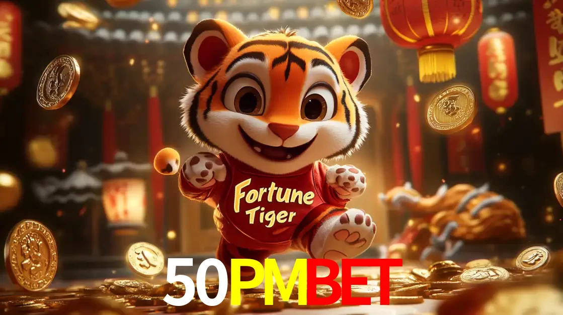 O alegre personagem do Fortune Tiger correndo sobre um caminho de moedas de ouro, simbolizando os grandes prêmios e a diversão do popular jogo de slot do 50PMBET.