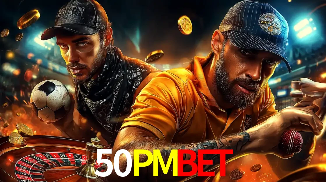 Montagem de apostas esportivas e cassino no 50PMBET, com um homem segurando uma bola de futebol e outro uma de beisebol sobre uma roleta e moedas voadoras.