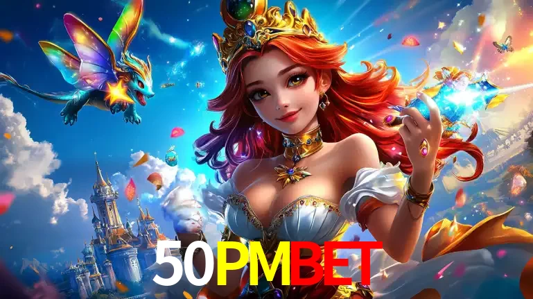 A princesa de um reino de fantasia mágico, com seu pequeno dragão, apresentando um mundo de prêmios encantados nos jogos de caça-níqueis do cassino 50PMBET.