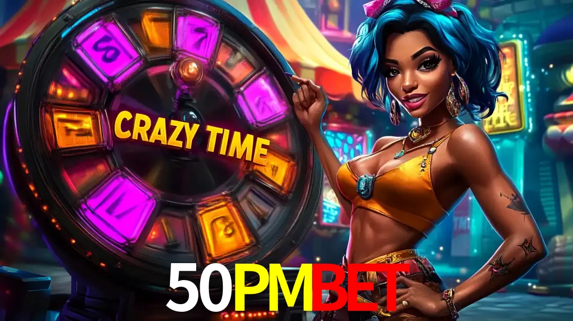 Mulher estilizada com cabelo azul e visual vibrante posando ao lado da roda de prêmios do game show Crazy Time, convidando para a diversão e os bônus do cassino 50PMBET.
