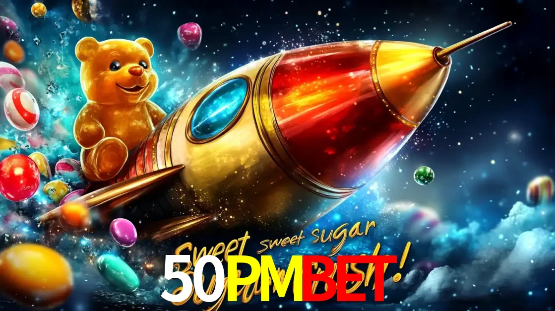Arte promocional do jogo de slot Sugar Rush, com um urso de pelúcia em um foguete viajando pelo espaço de doces, um dos jogos divertidos disponíveis no cassino 50PMBET.