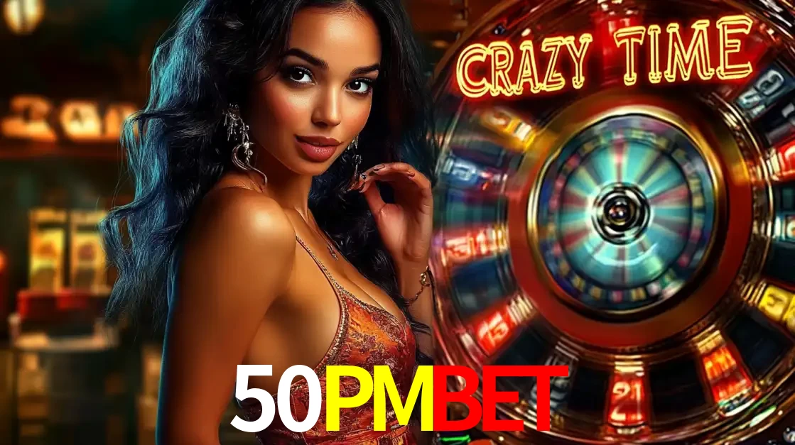 Mulher elegante ao lado da vibrante roda da fortuna do jogo de cassino ao vivo Crazy Time, um dos game shows mais populares e cheios de prêmios do 50PMBET.