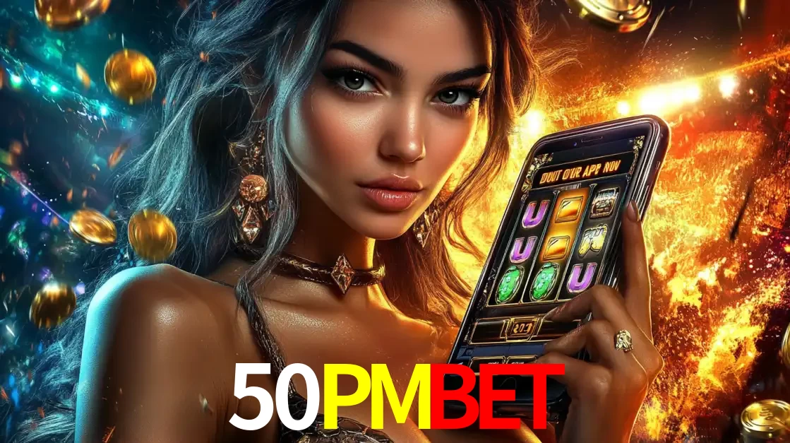 Mulher elegante mostrando um jogo de caça-níqueis em seu smartphone, destacando a experiência de cassino móvel oferecida pelo aplicativo 50PMBET.